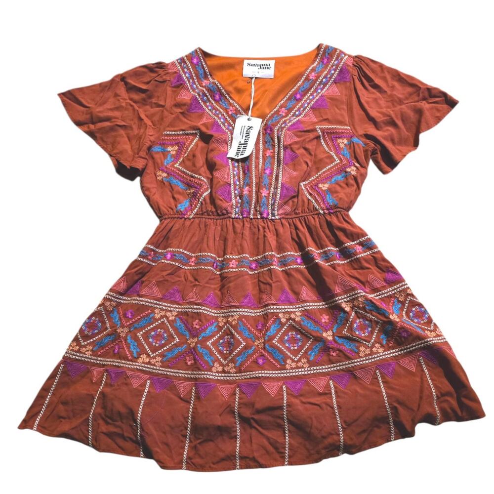 Savanna Jane Womens Rust Aztec Print Embroidered Western Dress Size L